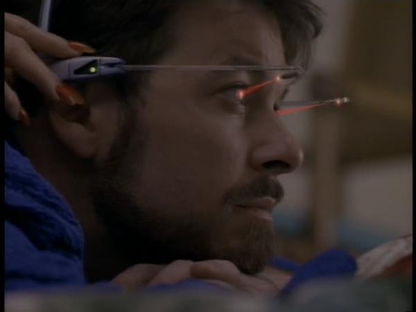 Star Trek: The Next Generation
device that fits over the ears and projects signals into the eyes. This creates in the wearer's field of vision an image of discs going into funnels. When a disk goes into one of said funnels, the player is "rewarded" by receiving pleasure signals from the device.